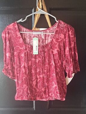 Paisley Smocked Hem Pink Blouse with Puff Sleeves